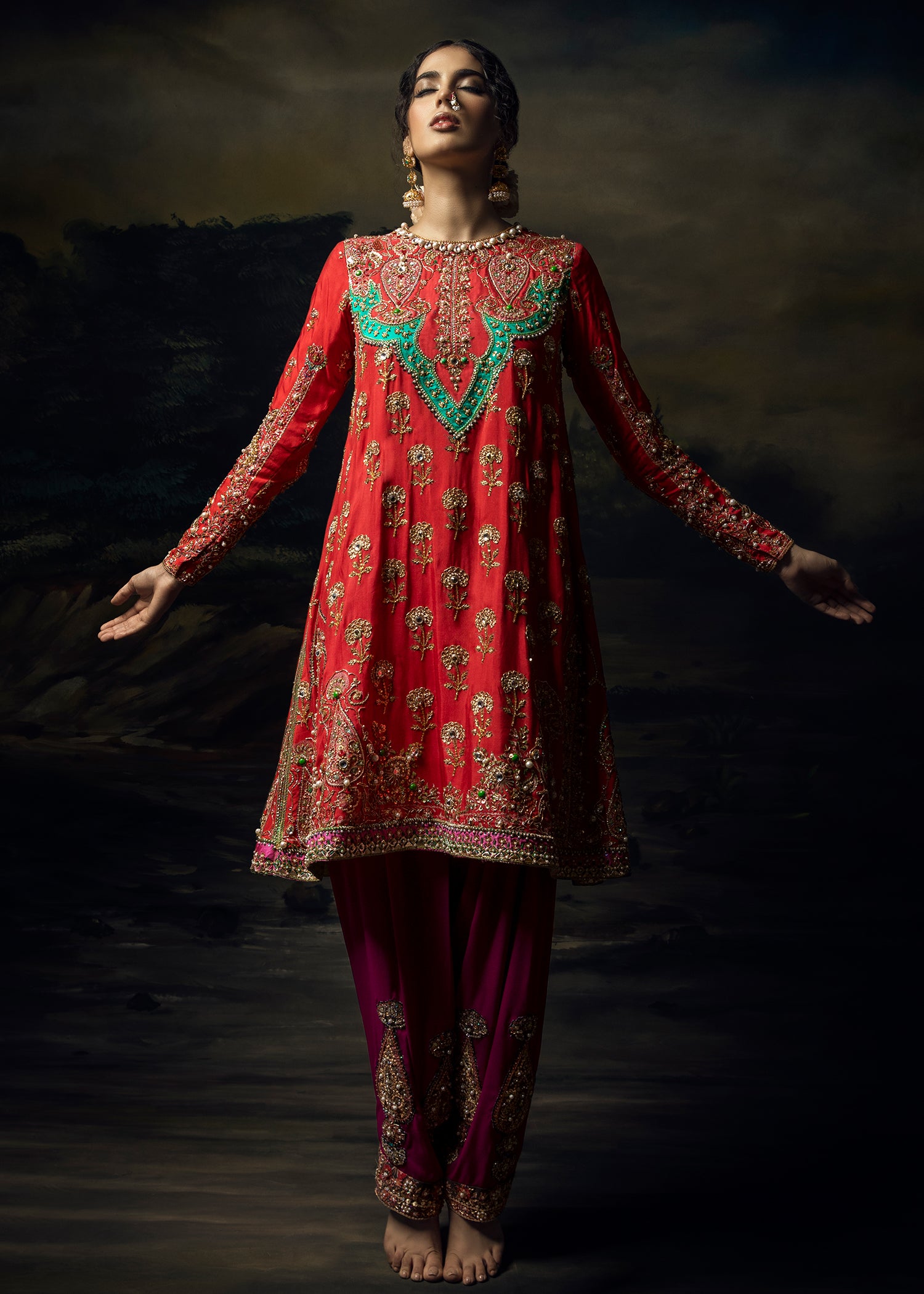 Orange Red Embroidered Silk-Blend Salwar Kameez (3-Piece) - Image 2
