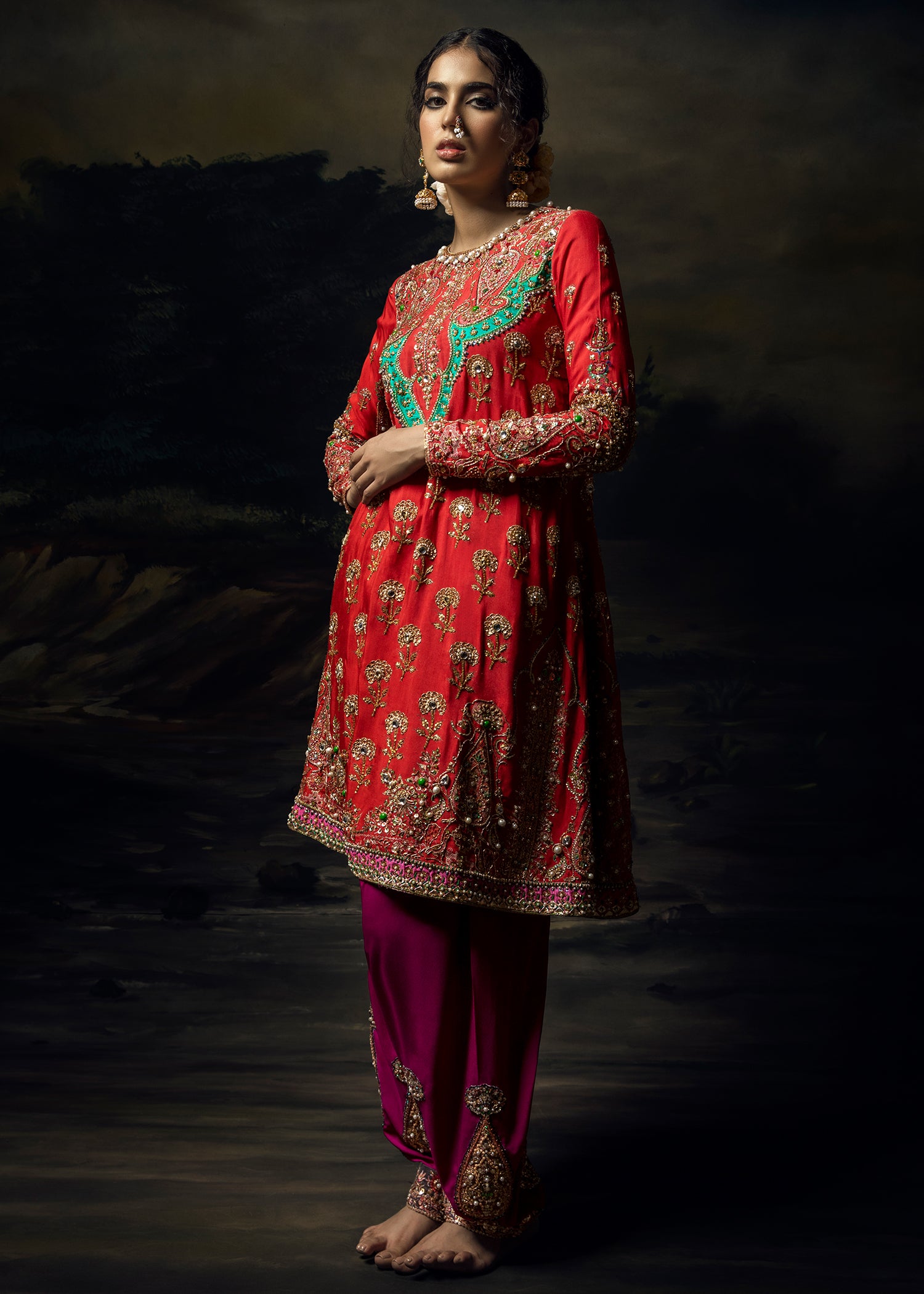 Orange Red Embroidered Silk-Blend Salwar Kameez (3-Piece) - Image 3