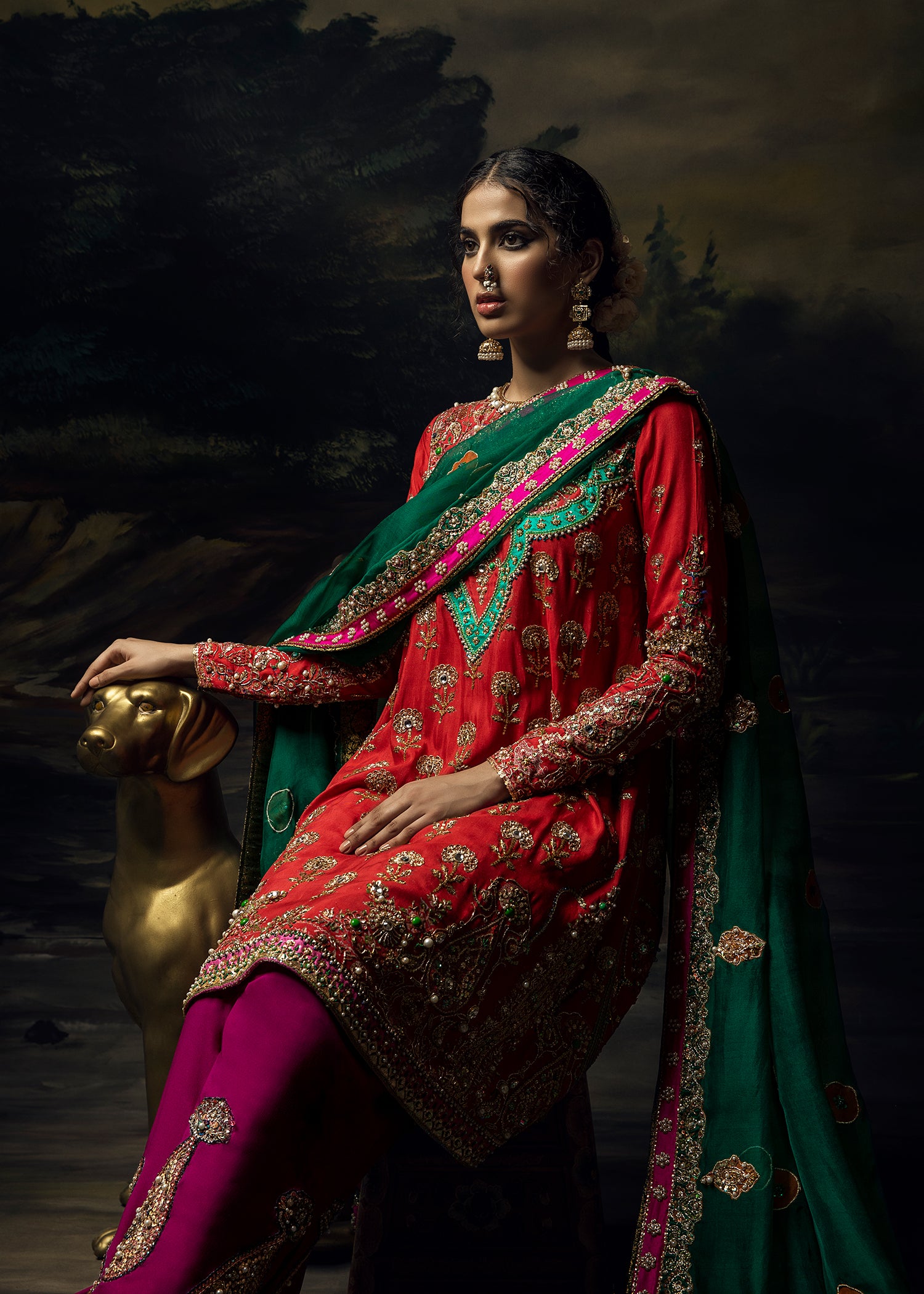 Orange Red Embroidered Silk-Blend Salwar Kameez (3-Piece) - Image 4