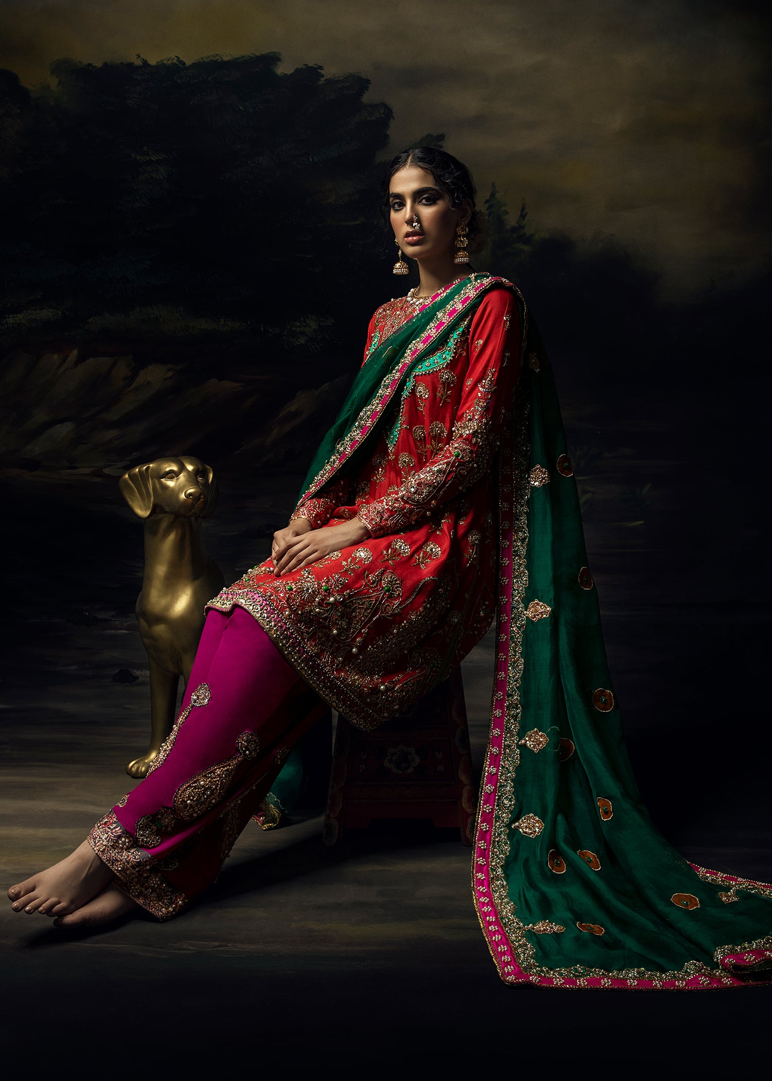 Orange Red Embroidered Silk-Blend Salwar Kameez (3-Piece) - Image 5