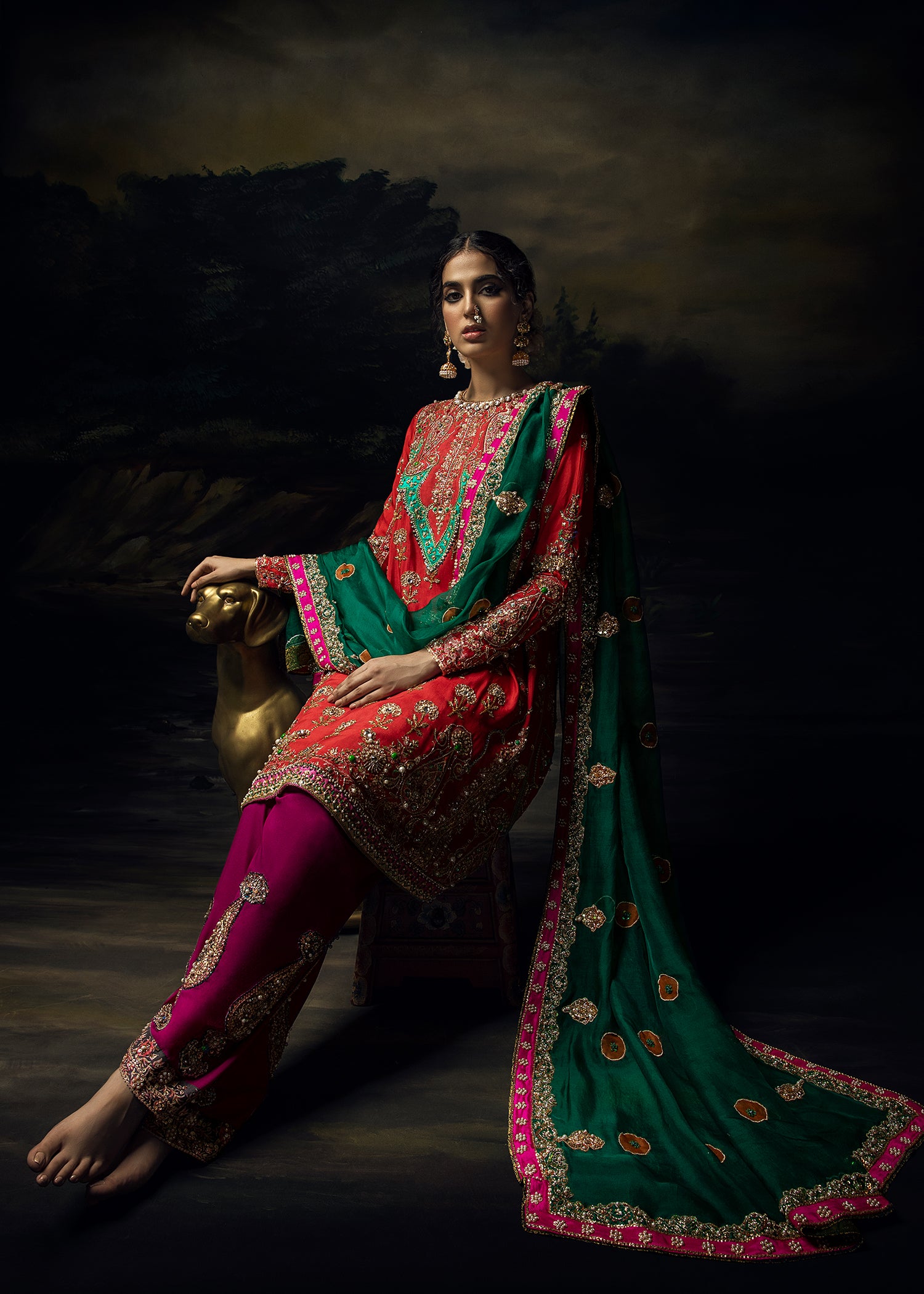 Orange Red Embroidered Silk-Blend Salwar Kameez (3-Piece) - Image 6