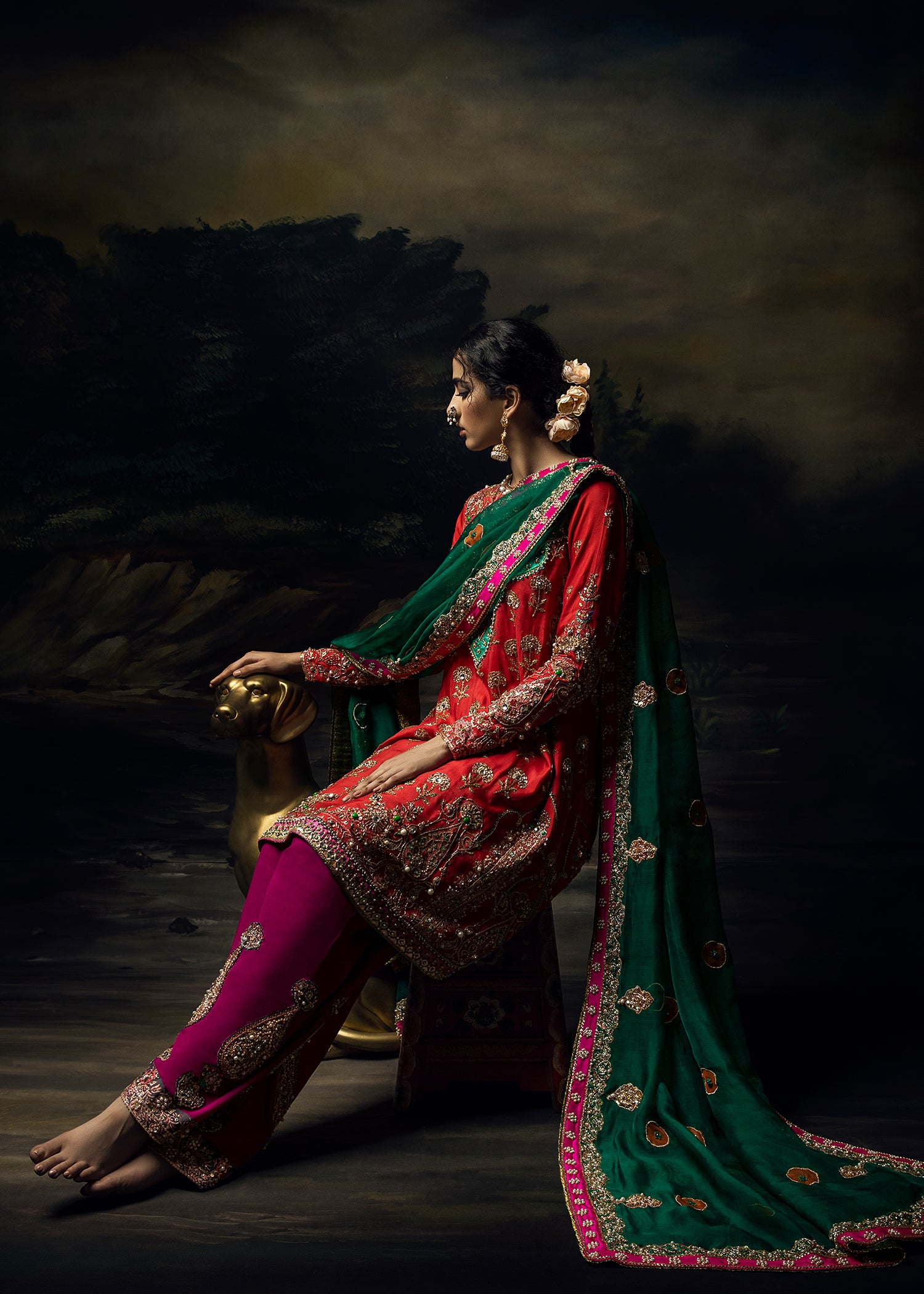 Orange Red Embroidered Silk-Blend Salwar Kameez (3-Piece) - Image 7