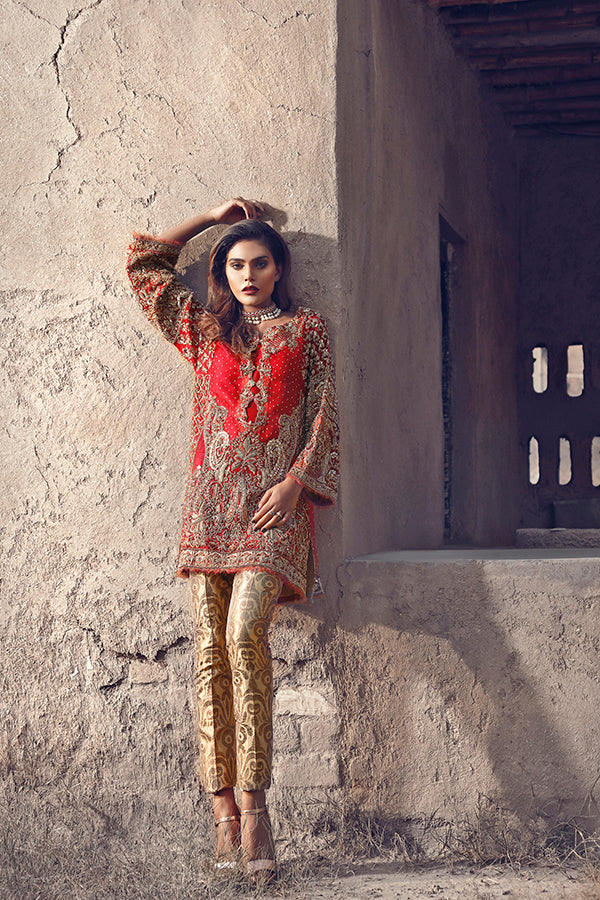 Deep Red Embroidered Silk-Blend Kameez (2-Piece) - Image 2