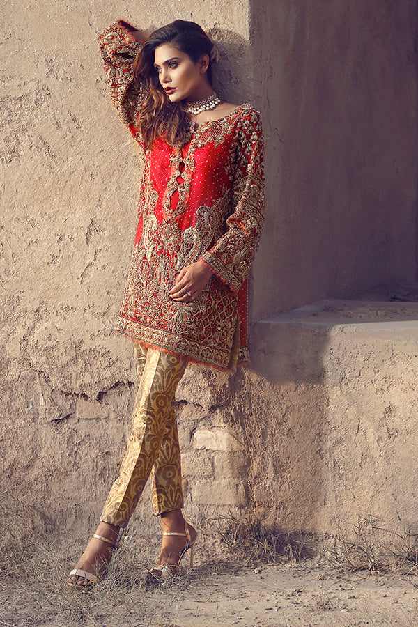 Deep Red Embroidered Silk-Blend Kameez (2-Piece) - Image 4