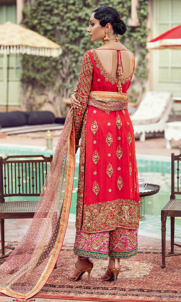Pakistani Red Gold Embroidered Silk Blend Salwar Kameez (3-Piece) - Image 10