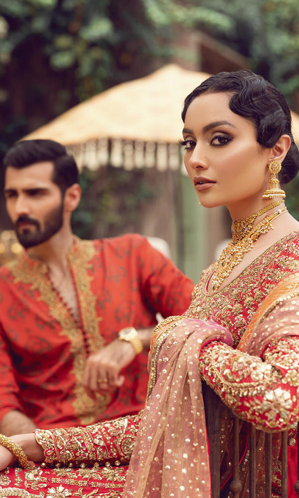 Pakistani Red Gold Embroidered Silk Blend Salwar Kameez (3-Piece) - Image 11