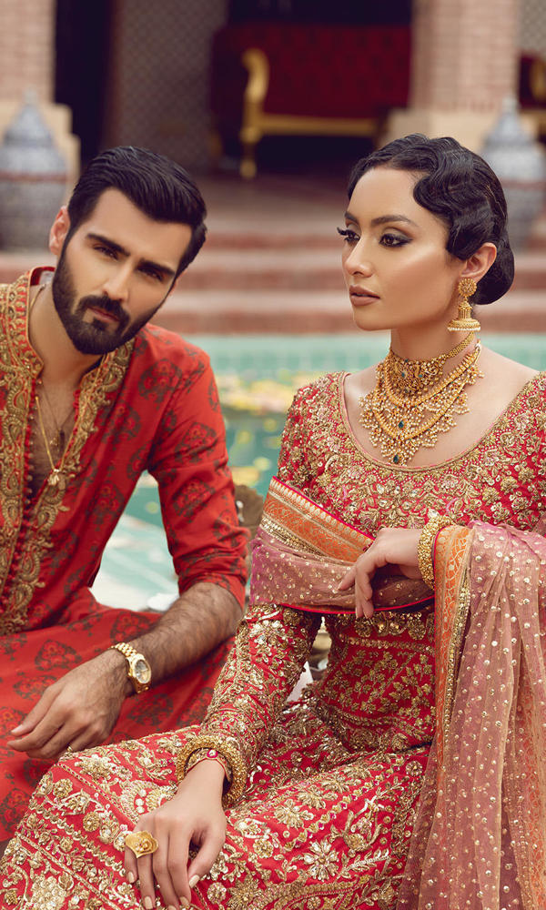 Pakistani Red Gold Embroidered Silk Blend Salwar Kameez (3-Piece) - Image 13