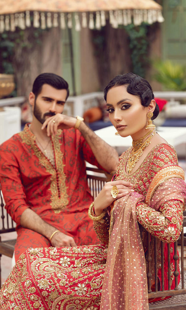 Pakistani Red Gold Embroidered Silk Blend Salwar Kameez (3-Piece) - Image 14