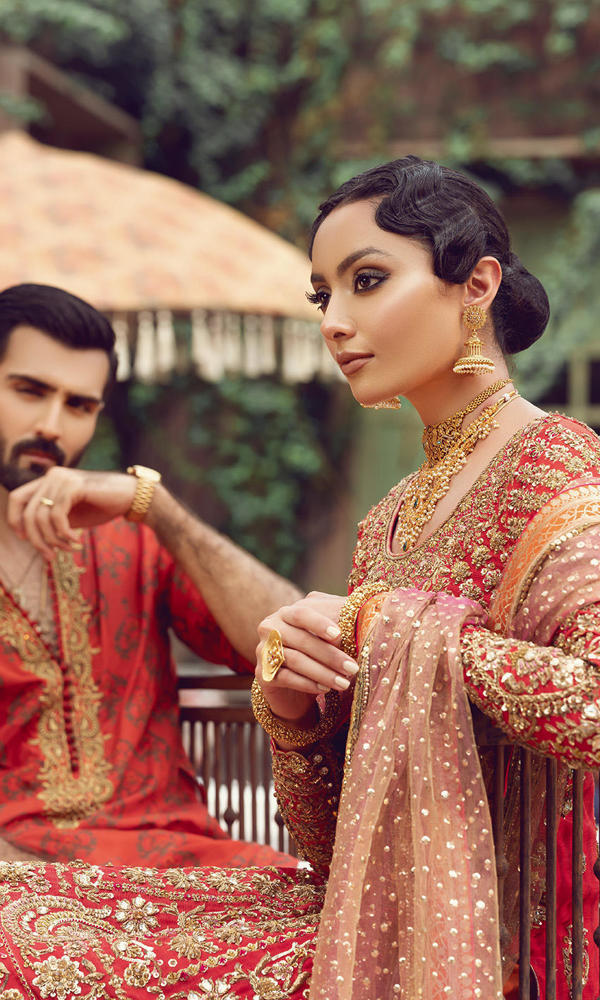 Pakistani Red Gold Embroidered Silk Blend Salwar Kameez (3-Piece) - Image 15