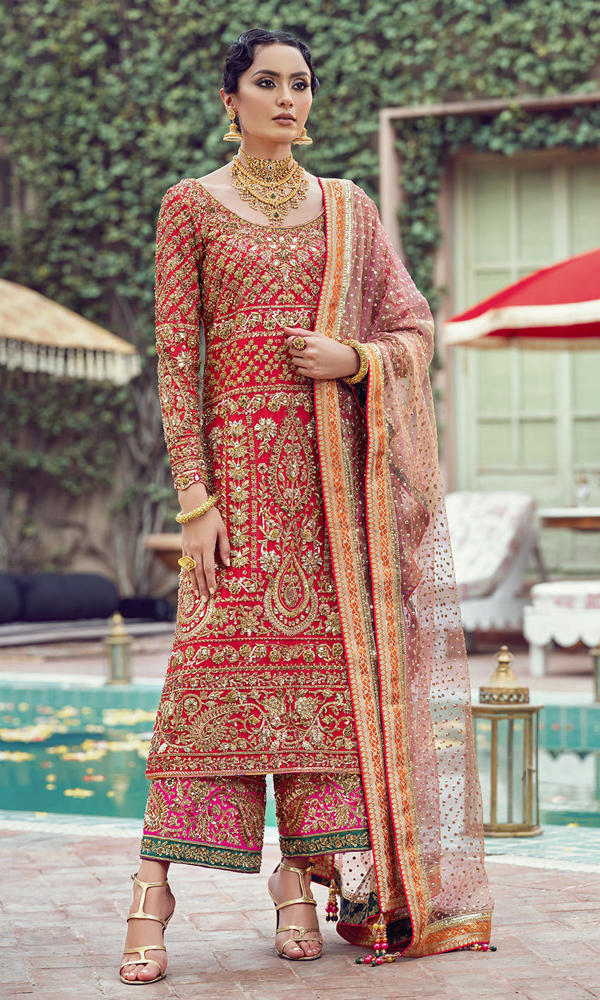 Pakistani Red Gold Embroidered Silk Blend Salwar Kameez (3-Piece) - Image 2