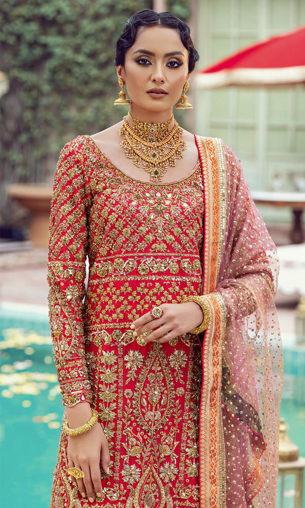 Pakistani Red Gold Embroidered Silk Blend Salwar Kameez (3-Piece) - Image 3