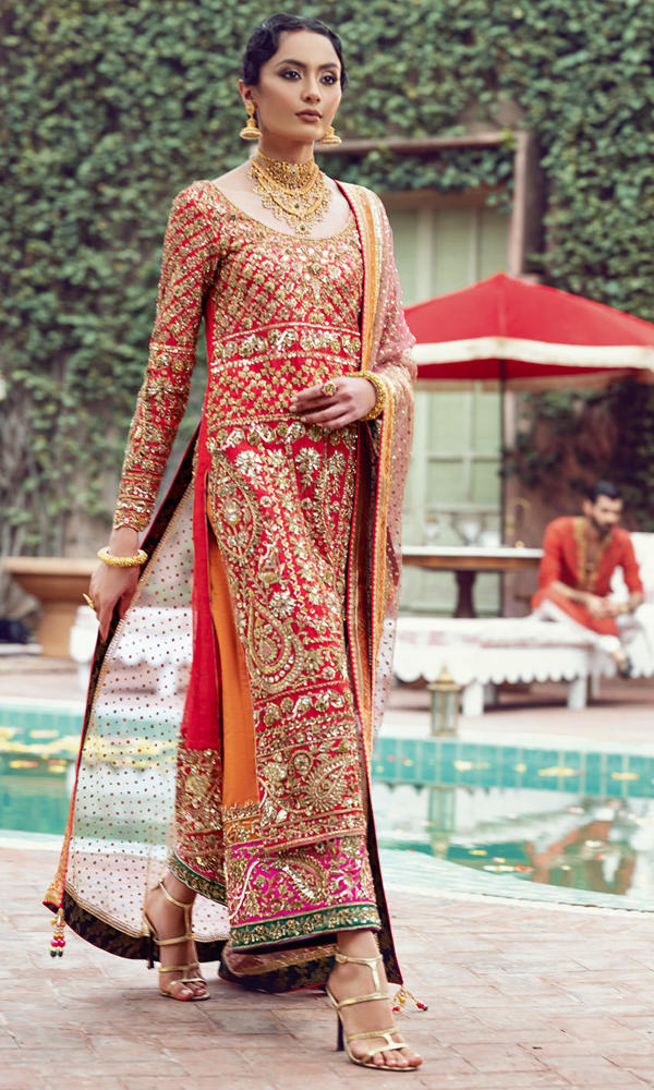 Pakistani Red Gold Embroidered Silk Blend Salwar Kameez (3-Piece) - Image 4