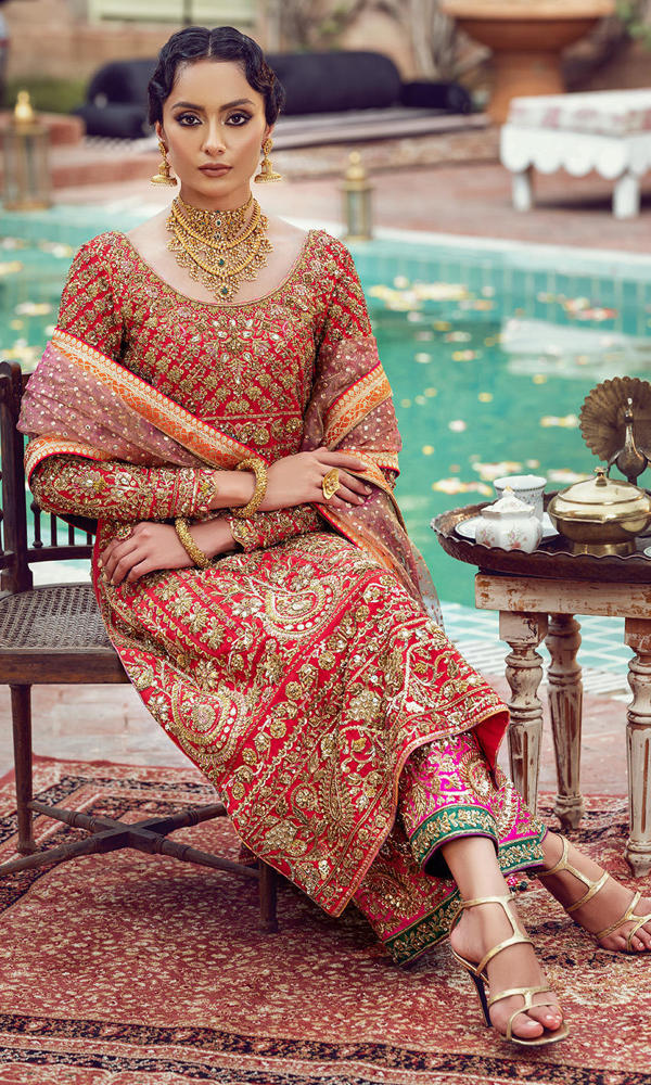 Pakistani Red Gold Embroidered Silk Blend Salwar Kameez (3-Piece) - Image 5