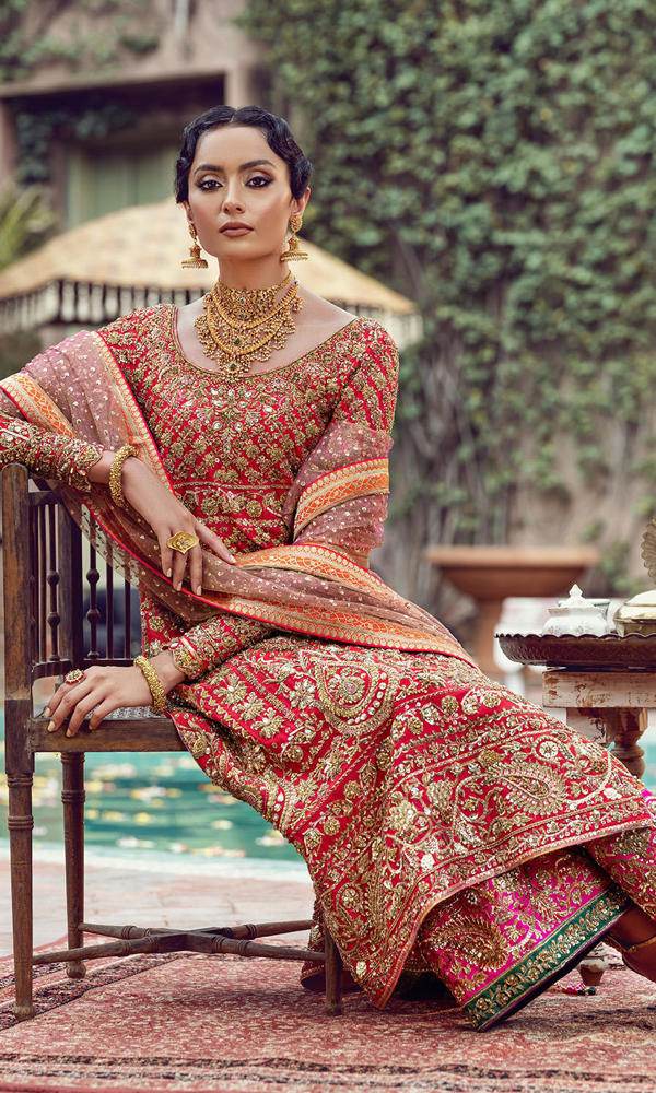 Pakistani Red Gold Embroidered Silk Blend Salwar Kameez (3-Piece) - Image 6