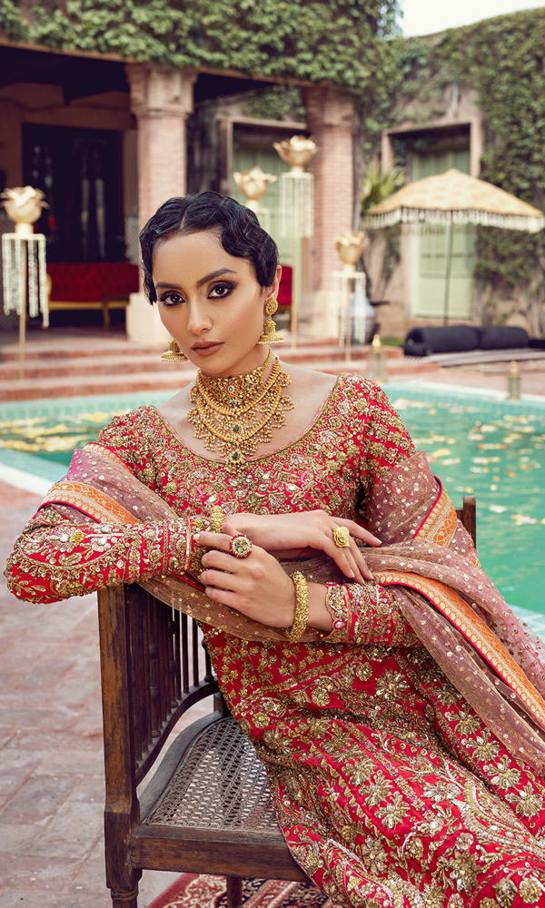 Pakistani Red Gold Embroidered Silk Blend Salwar Kameez (3-Piece) - Image 7