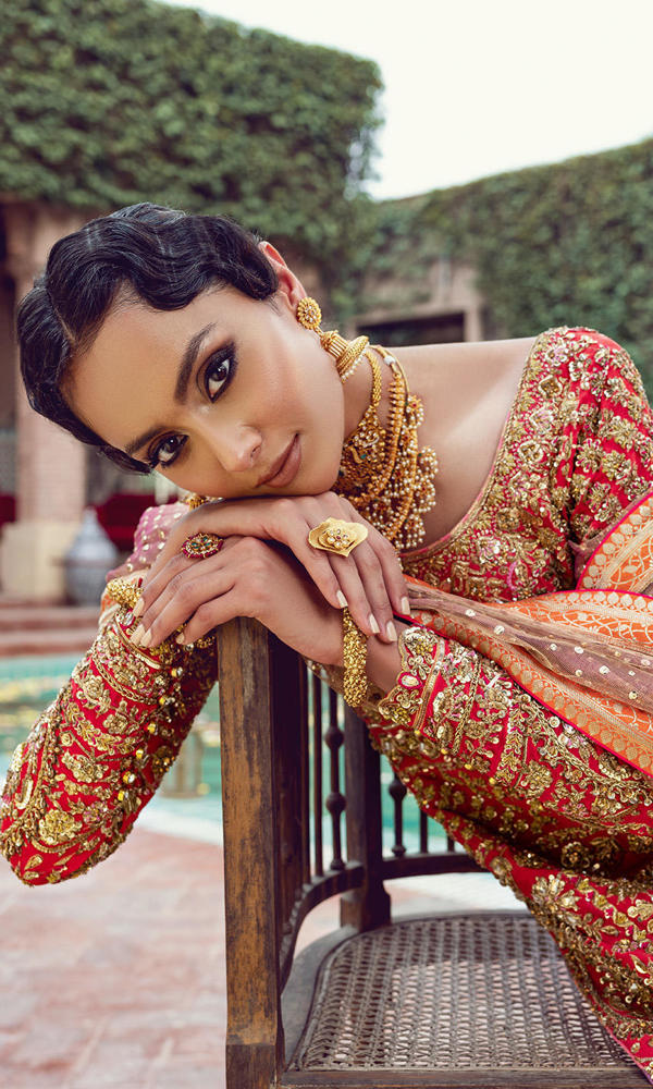 Pakistani Red Gold Embroidered Silk Blend Salwar Kameez (3-Piece) - Image 8