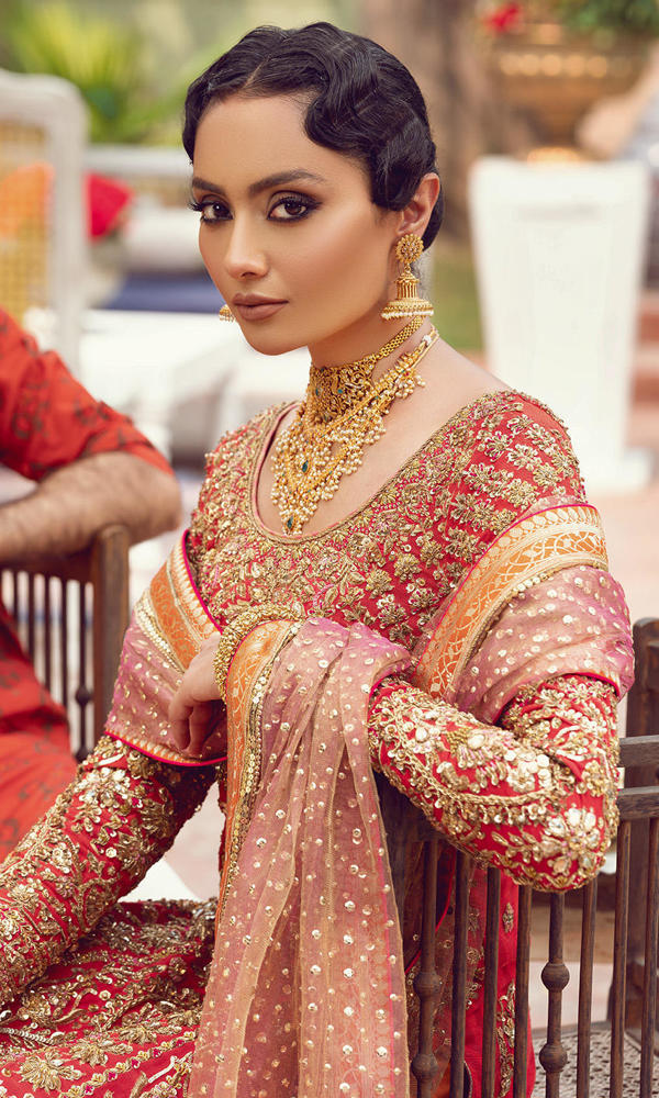 Pakistani Red Gold Embroidered Silk Blend Salwar Kameez (3-Piece) - Image 9