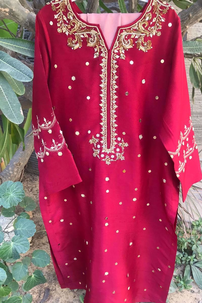 Crimson Red Gota Embroidered Silk Kurta Set (3-Piece) - Image 1