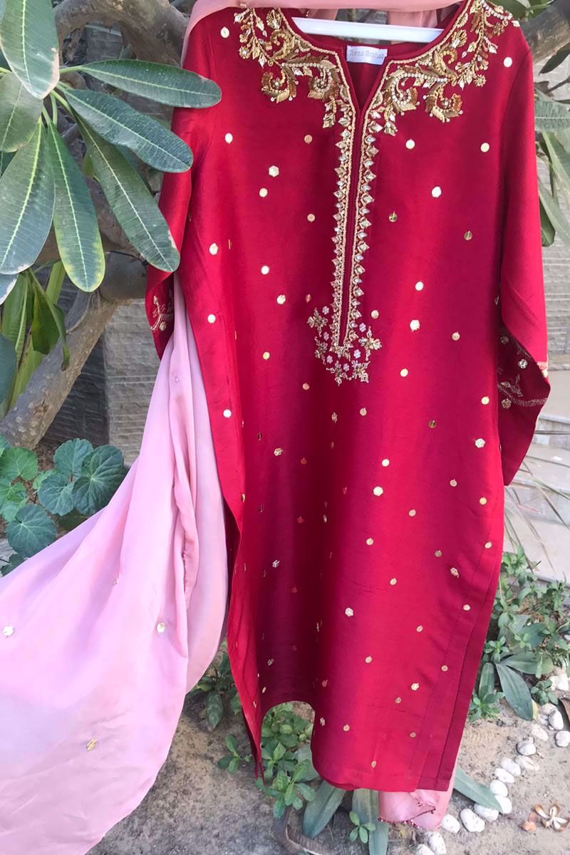 Crimson Red Gota Embroidered Silk Kurta Set (3-Piece) - Image 2