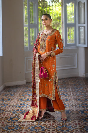 Rust Hand-Embellished Pure Silk Salwar Kameez (3-Piece) - Image 1
