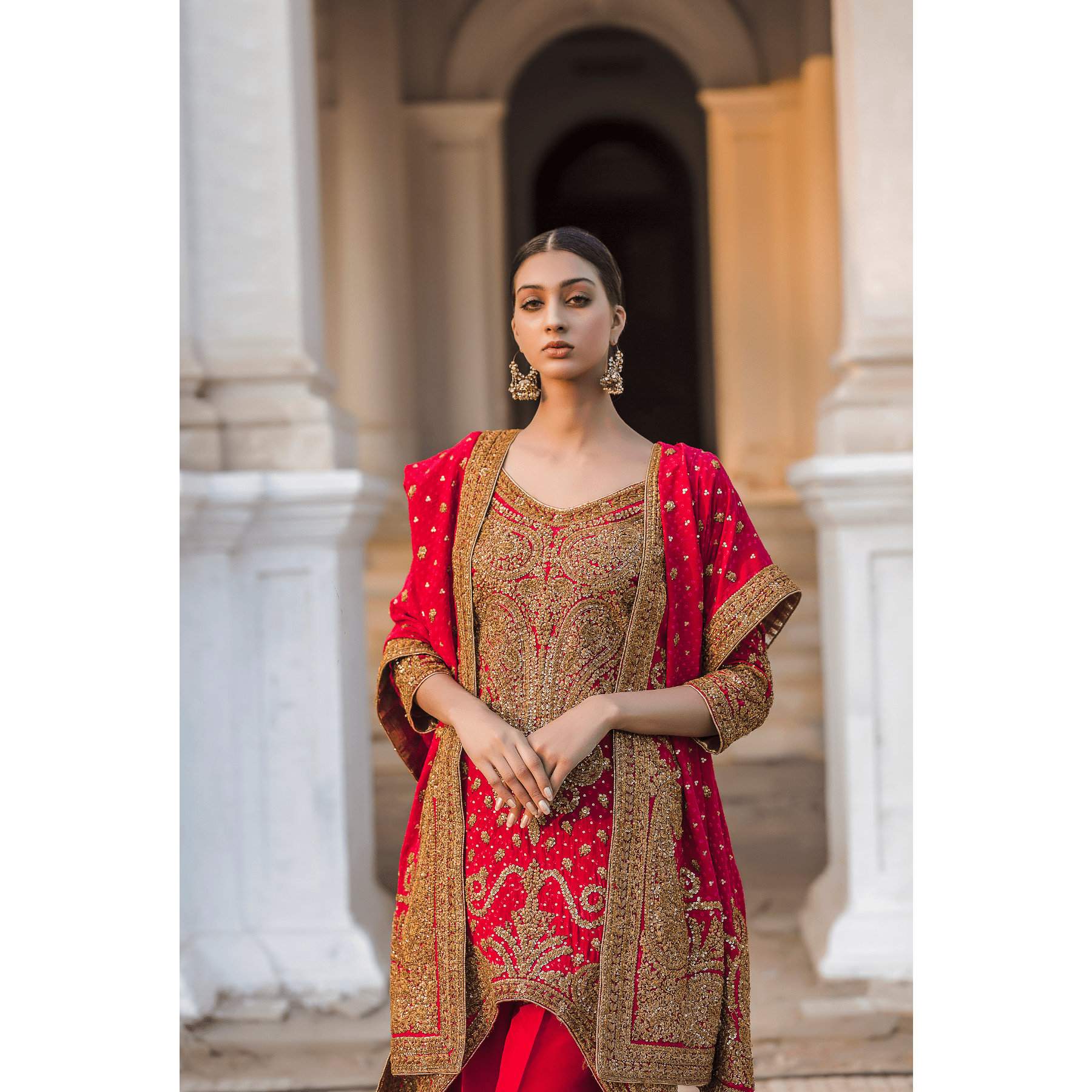 Pakistani Red Marori Embroidered Silk Kali Kurta (3-Piece) - Image 1