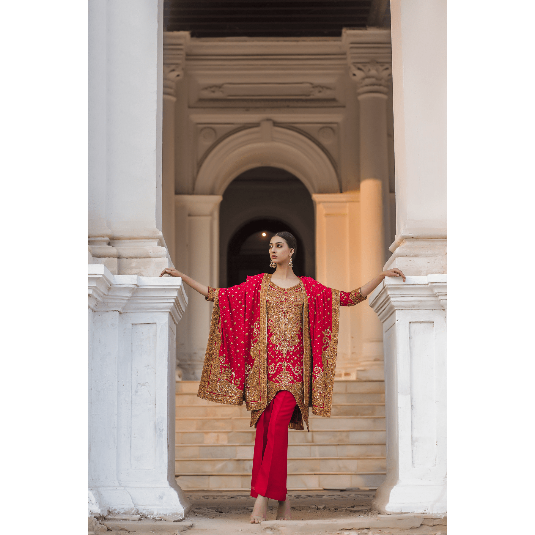 Pakistani Red Marori Embroidered Silk Kali Kurta (3-Piece) - Image 2