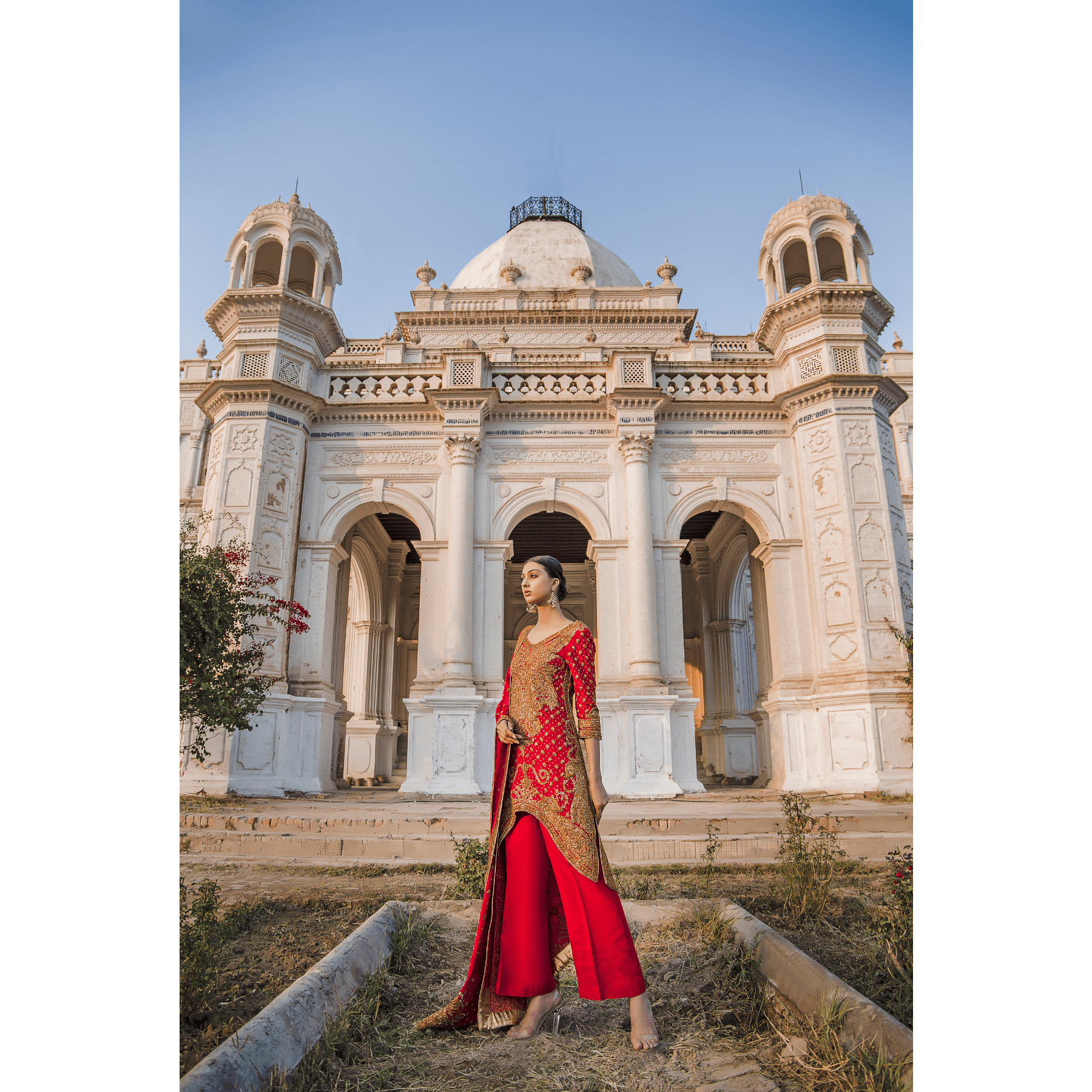 Pakistani Red Marori Embroidered Silk Kali Kurta (3-Piece) - Image 3