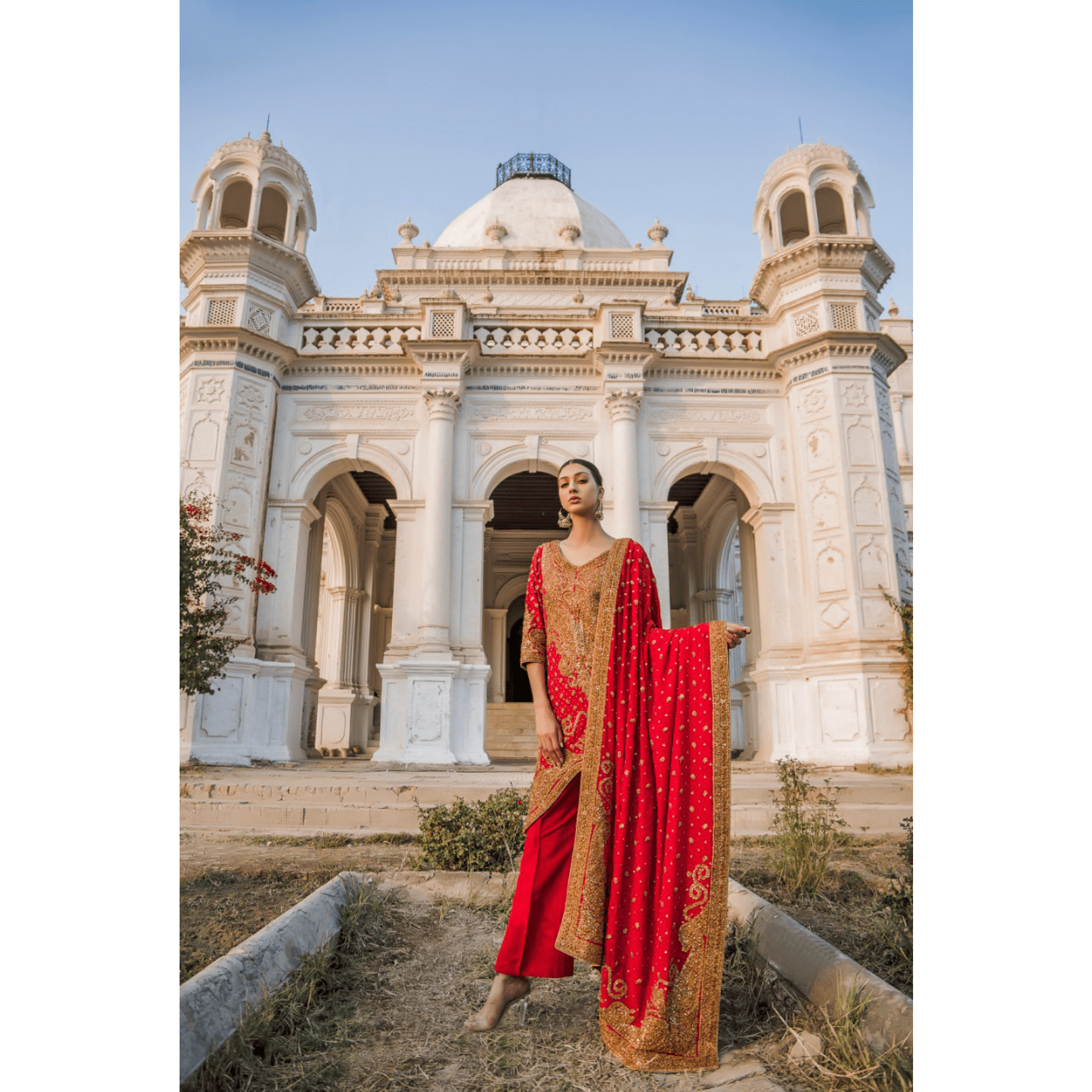 Pakistani Red Marori Embroidered Silk Kali Kurta (3-Piece) - Image 4