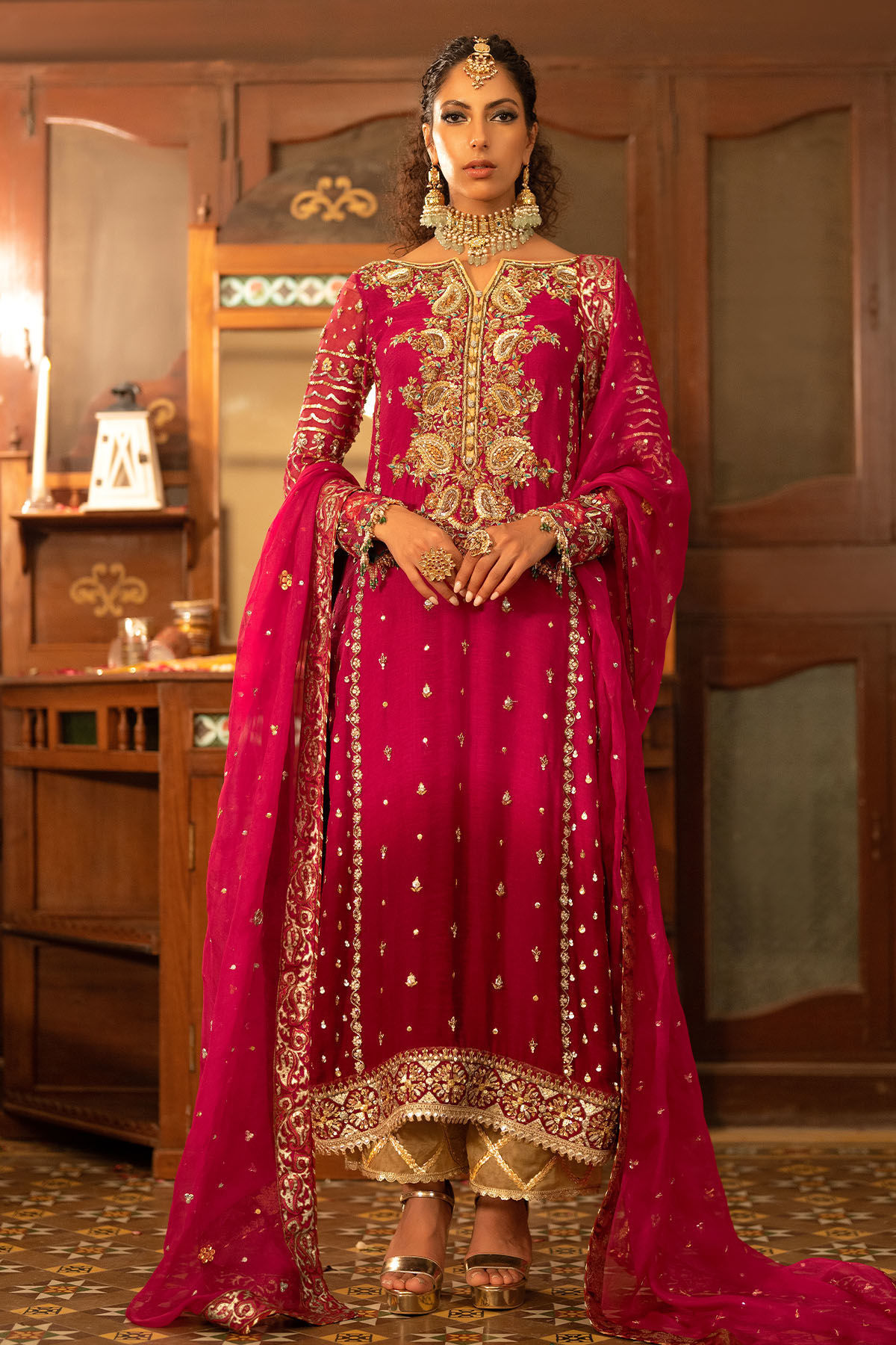 Scarlet & Pink Zardozi Silk Net Salwar Kameez (3-Piece) - Image 1