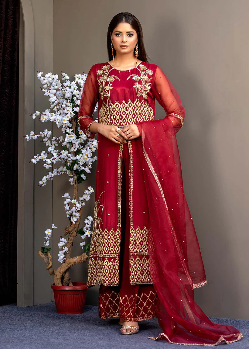 Pakistani Deep Red Embroidered Silk & Organza 3-Piece Set - Image 1