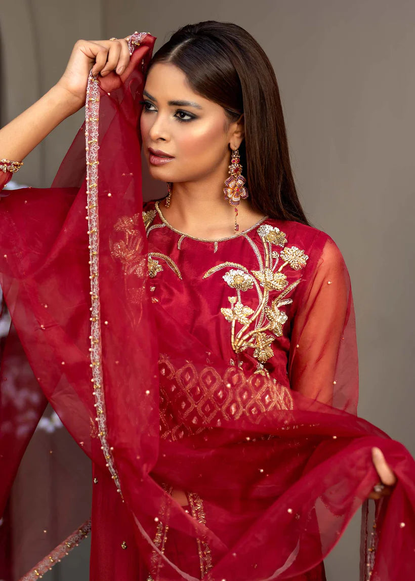 Pakistani Deep Red Embroidered Silk & Organza 3-Piece Set - Image 2