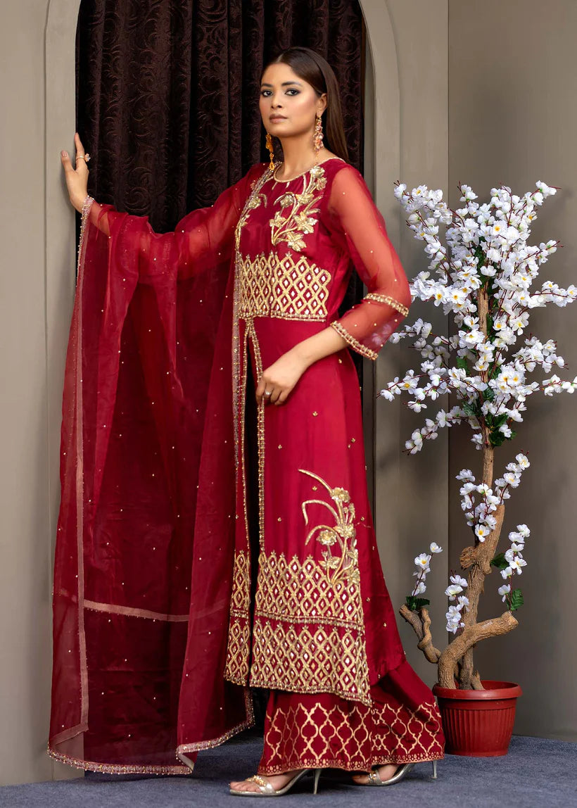 Pakistani Deep Red Embroidered Silk & Organza 3-Piece Set - Image 3