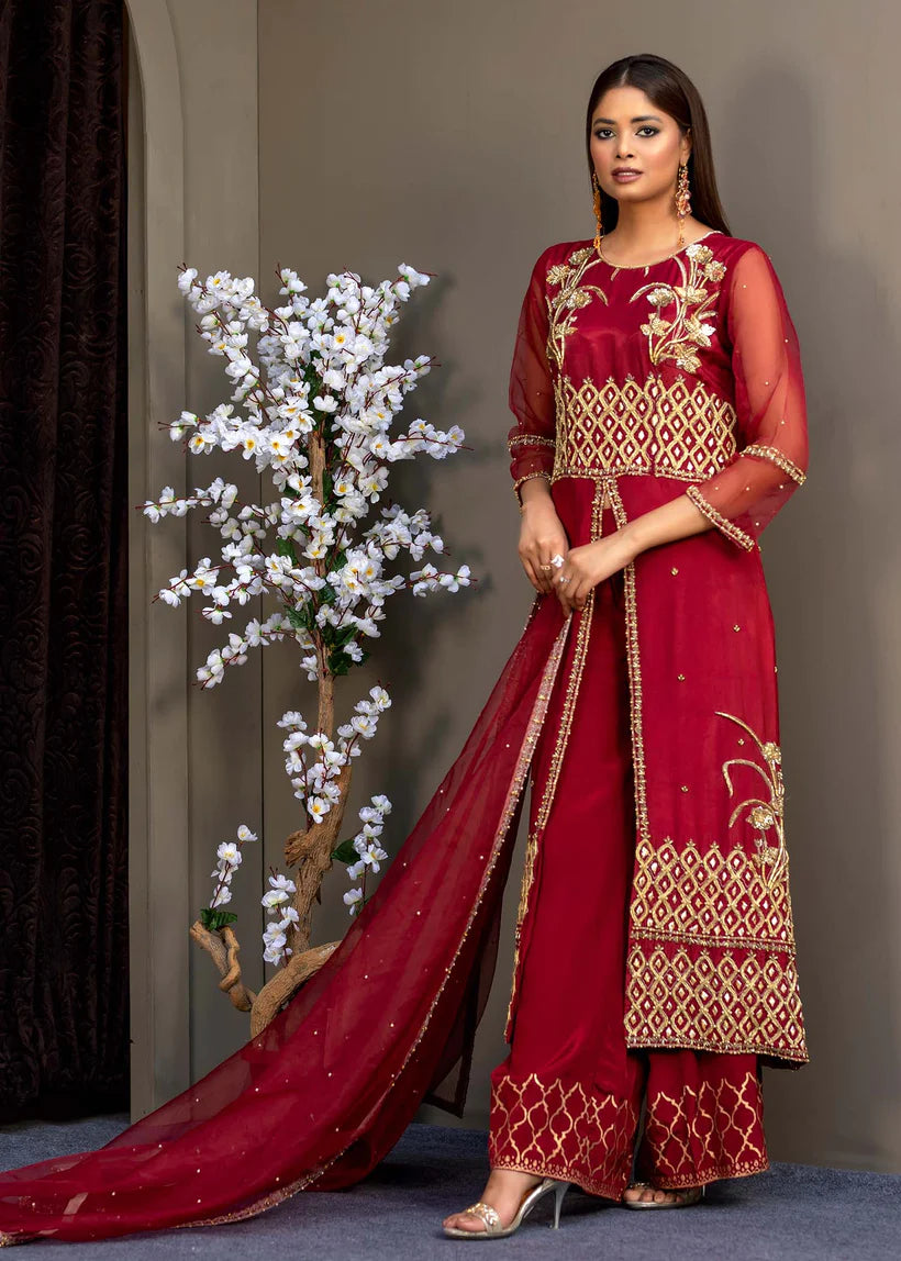 Pakistani Deep Red Embroidered Silk & Organza 3-Piece Set - Image 4