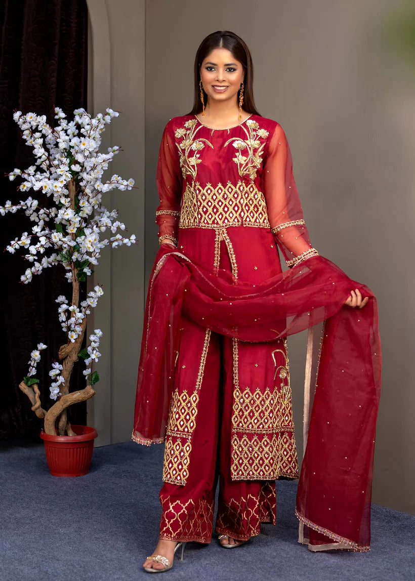 Pakistani Deep Red Embroidered Silk & Organza 3-Piece Set - Image 5