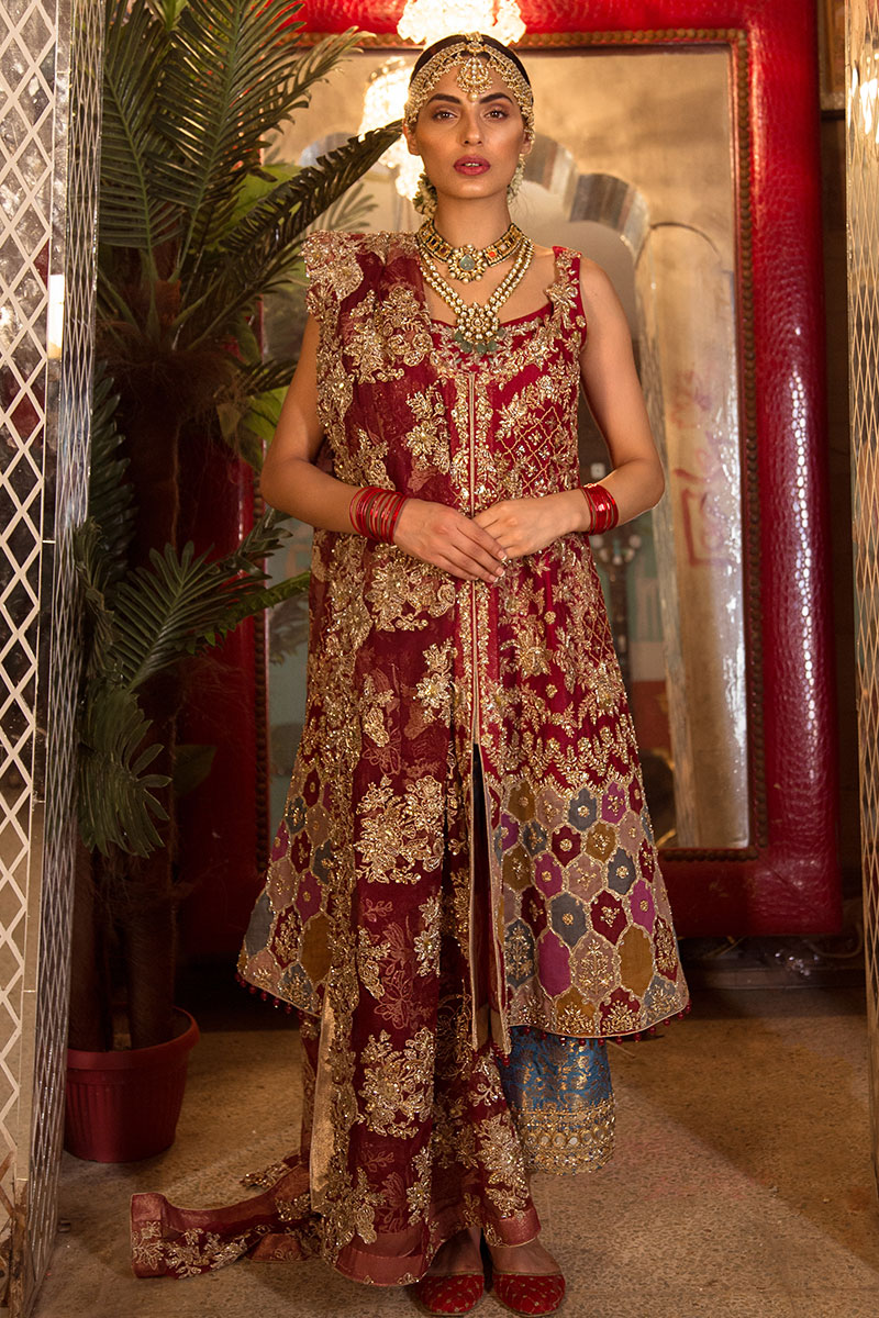 Pakistani Red Zardozi Organza Bridal Salwar Kameez (3-Piece) - Image 1