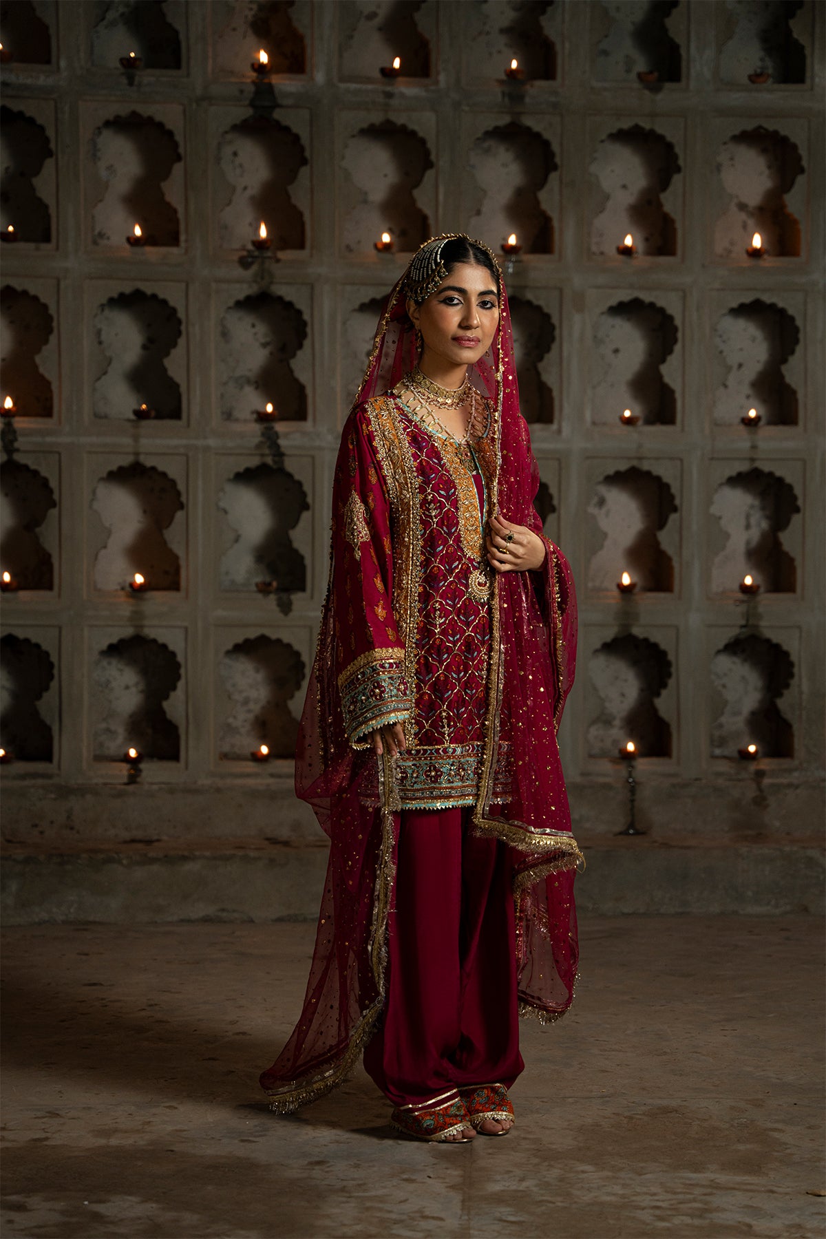 Deep Red Embroidered Silk Salwar Kameez (3-Piece) - Image 1