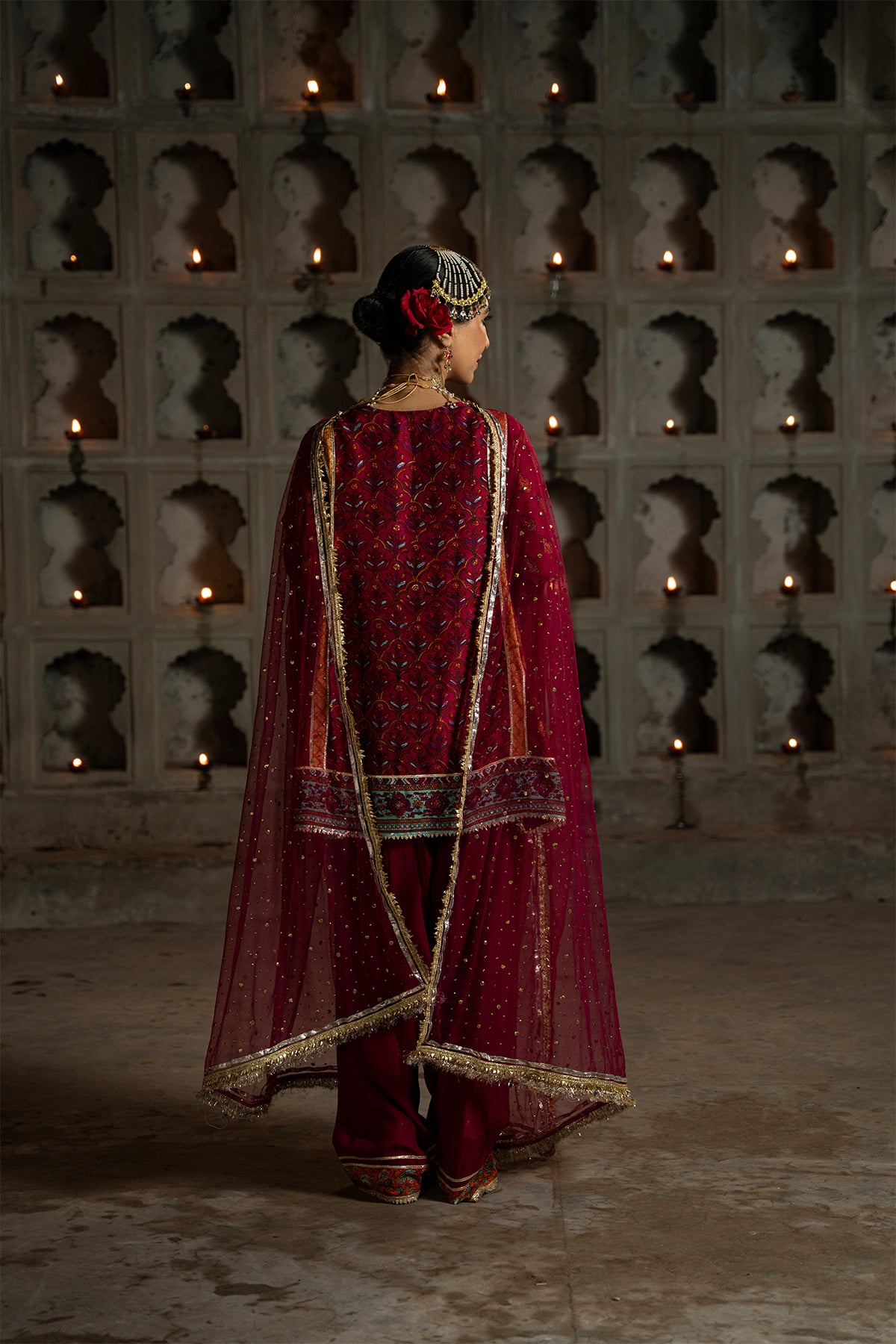 Deep Red Embroidered Silk Salwar Kameez (3-Piece) - Image 2
