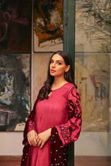 Ruby Red Velvet Appliqué Silk Salwar Kameez (3-Piece) - Image 5