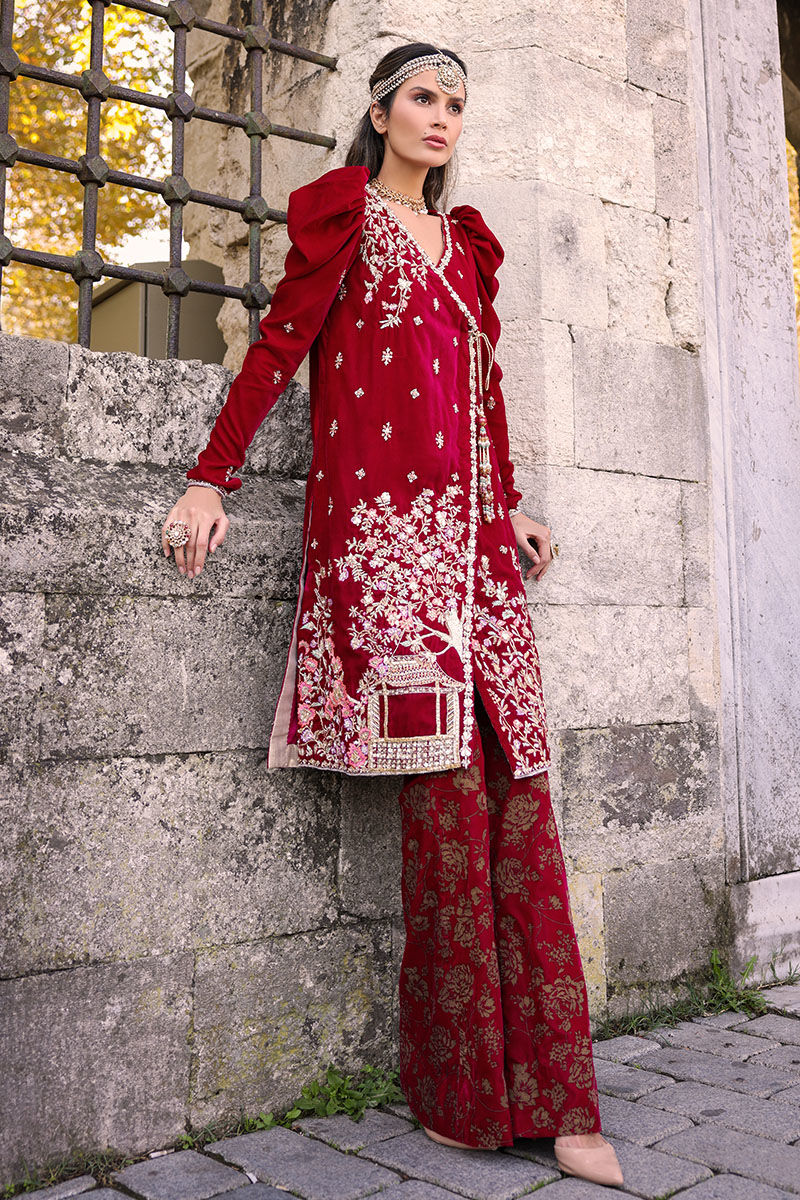 Ruby Red Embellished Silk Asymmetrical Kameez (2-Piece) - Image 1