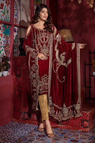 Red Embroidered Silk Velvet Salwar Kameez (3-Piece) - Image 2