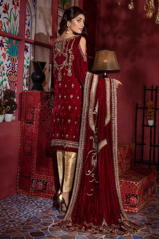 Red Embroidered Silk Velvet Salwar Kameez (3-Piece) - Image 3