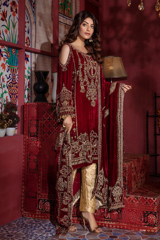 Red Embroidered Silk Velvet Salwar Kameez (3-Piece) - Image 4