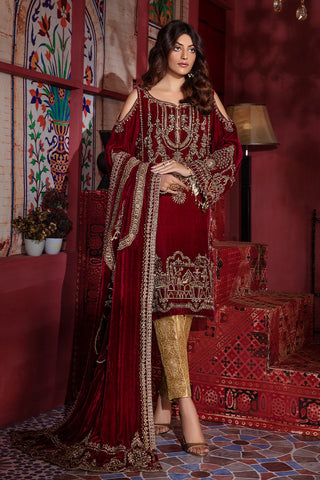 Red Embroidered Silk Velvet Salwar Kameez (3-Piece) - Image 5