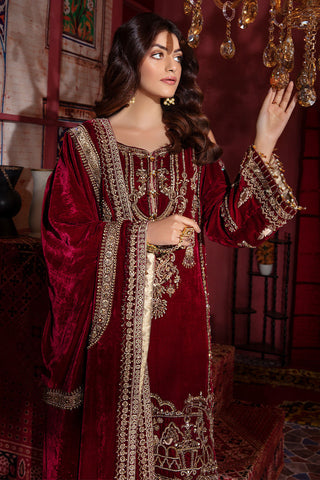 Red Embroidered Silk Velvet Salwar Kameez (3-Piece) - Image 6