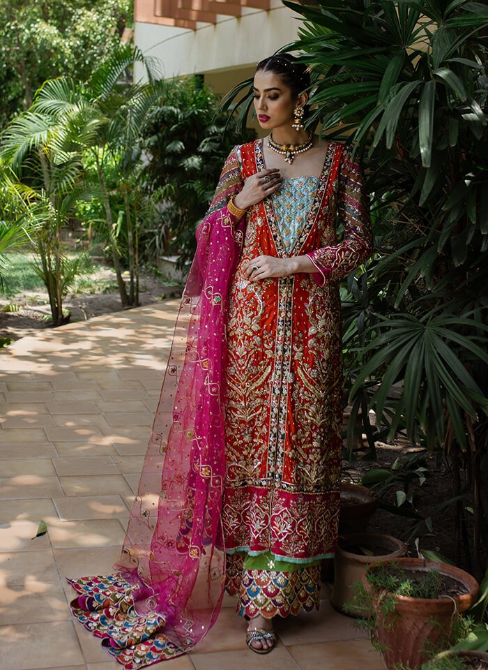 Red Zardozi Silk A-Line Kameez (3-Piece) - Image 1