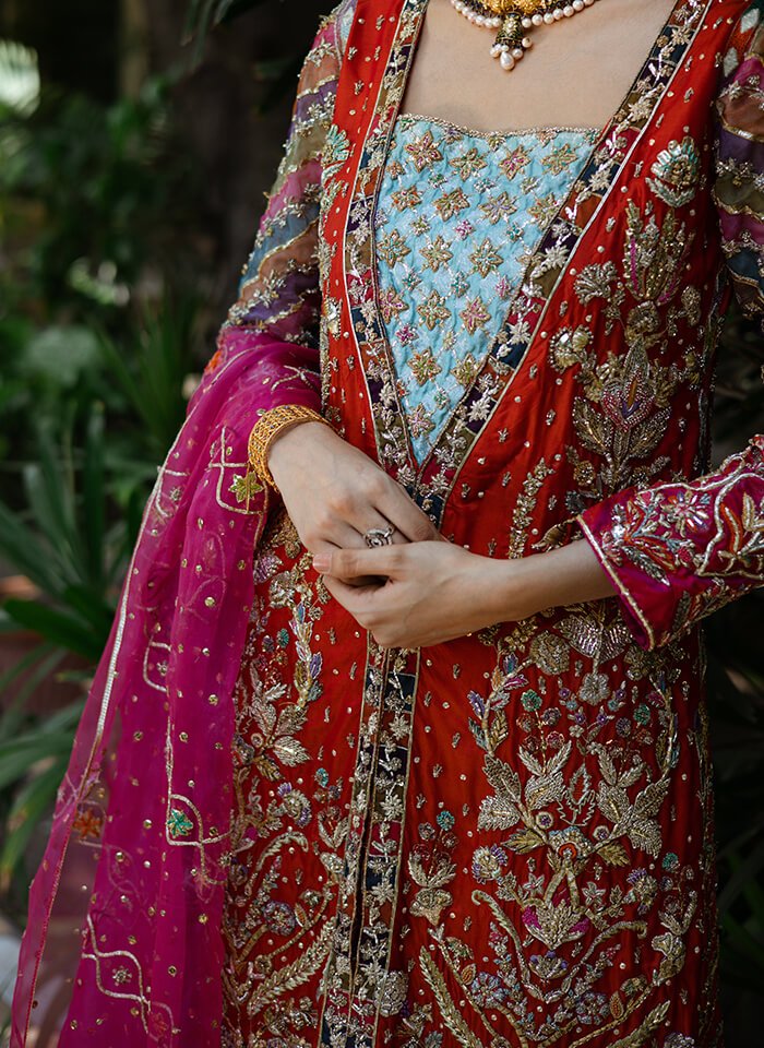 Red Zardozi Silk A-Line Kameez (3-Piece) - Image 3