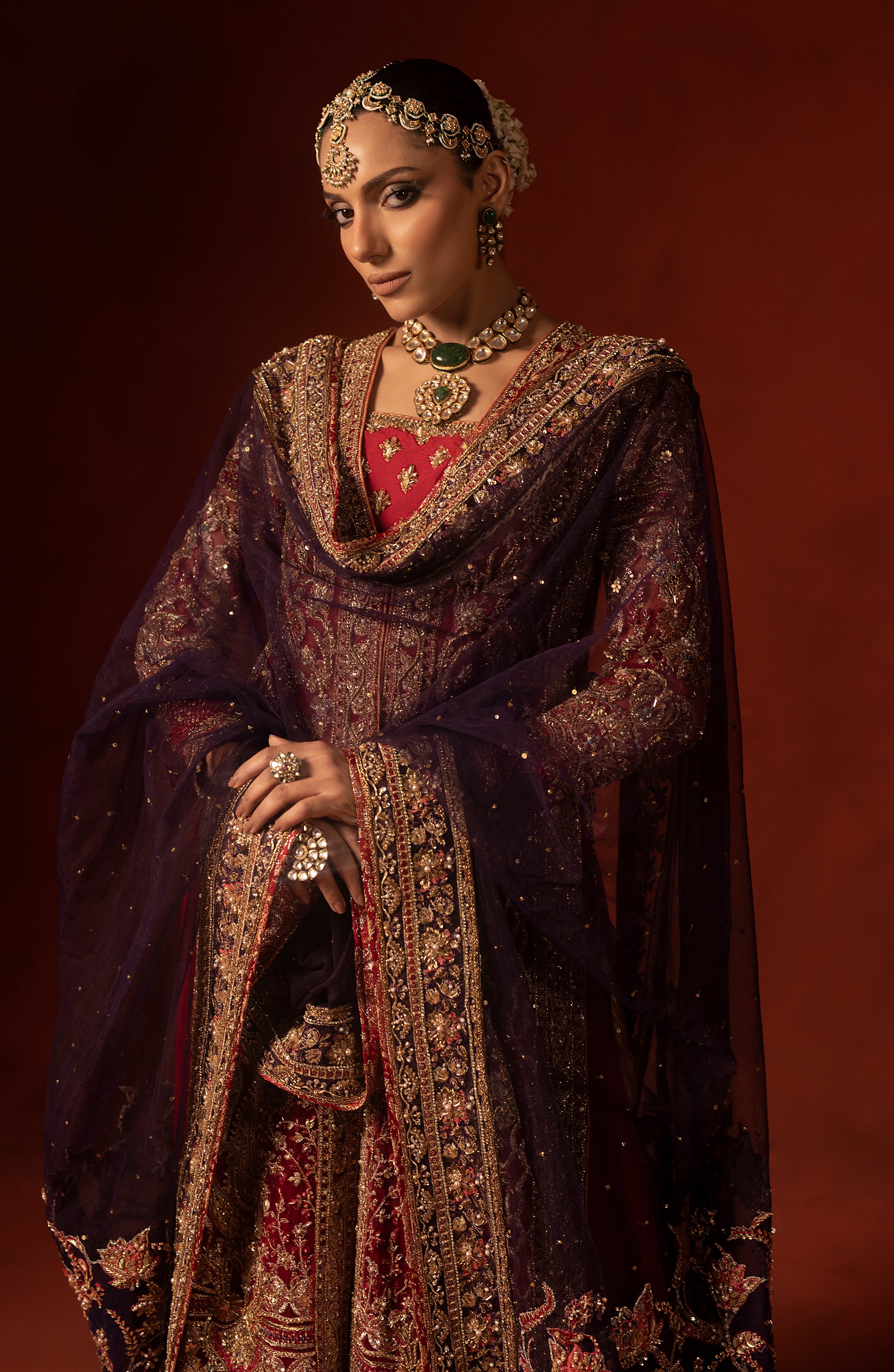 Red & Rust Orange Zardozi Silk Salwar Kameez (3-Piece) - Image 1