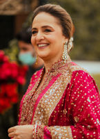 Pakistani Crimson Red Embellished Silk Kameez (3-Piece) - Image 1