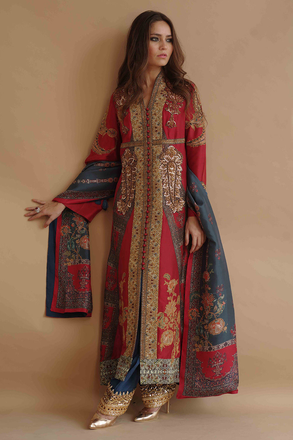 Pakistani Red Zardozi Silk Salwar Kameez (3-Piece) - Image 1