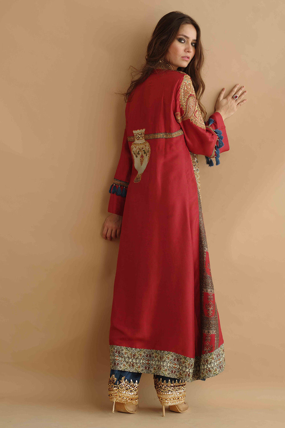 Pakistani Red Zardozi Silk Salwar Kameez (3-Piece) - Image 2